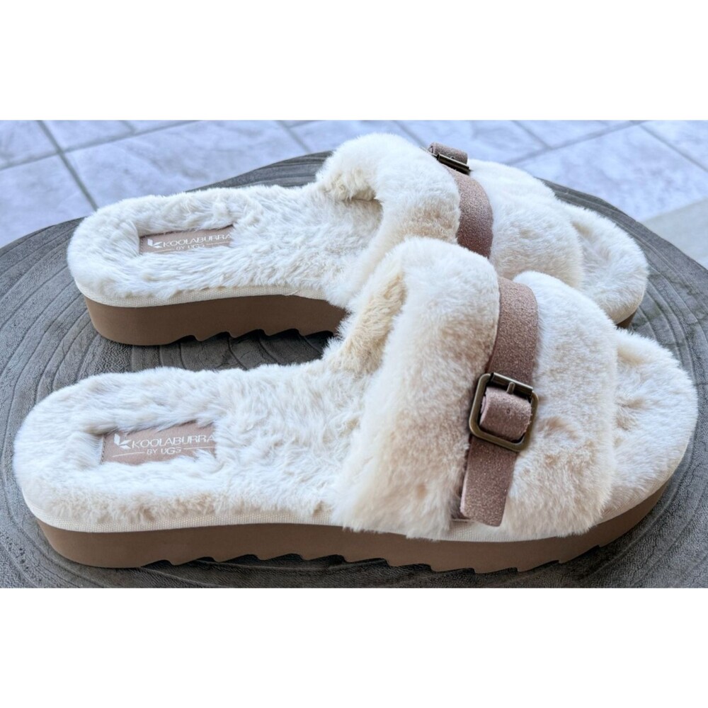 Koolaburra by UGG Furr-ah Slide Sandals Women’s Sz 9 Faux Fur Cream Platform